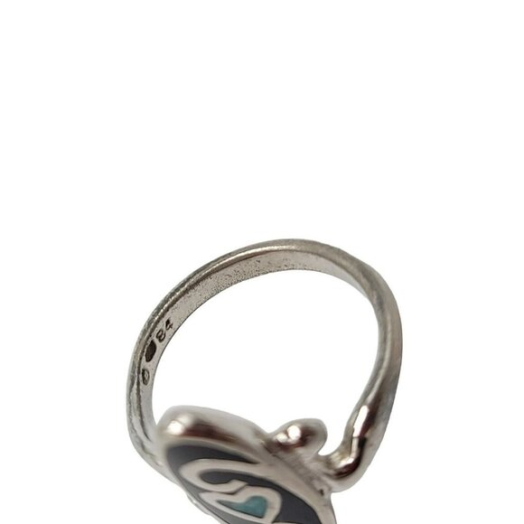Sterling Silver Blue Turquoise Chip Black Onyx Inlay Ring Size 8 Vintage Signed - Picture 6 of 6